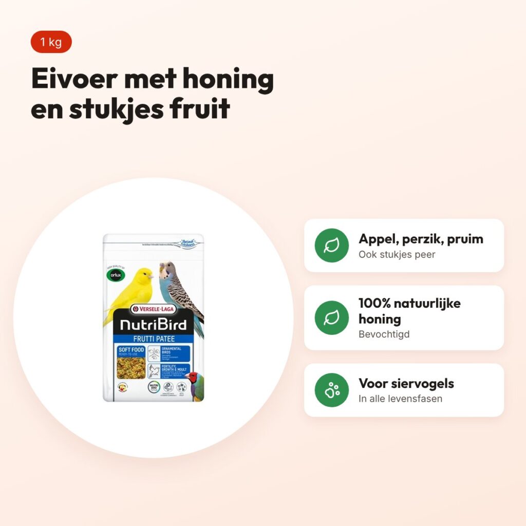 Nutribird Treats Frutti Patée eivoer 1 kg – met honing en stukjes fruit – voordelen
