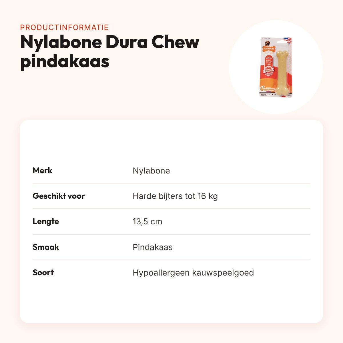 Nylabone Dura Chew kauwspeelgoed pindakaas – hypoallergeen, tot 16 kg – productinformatie