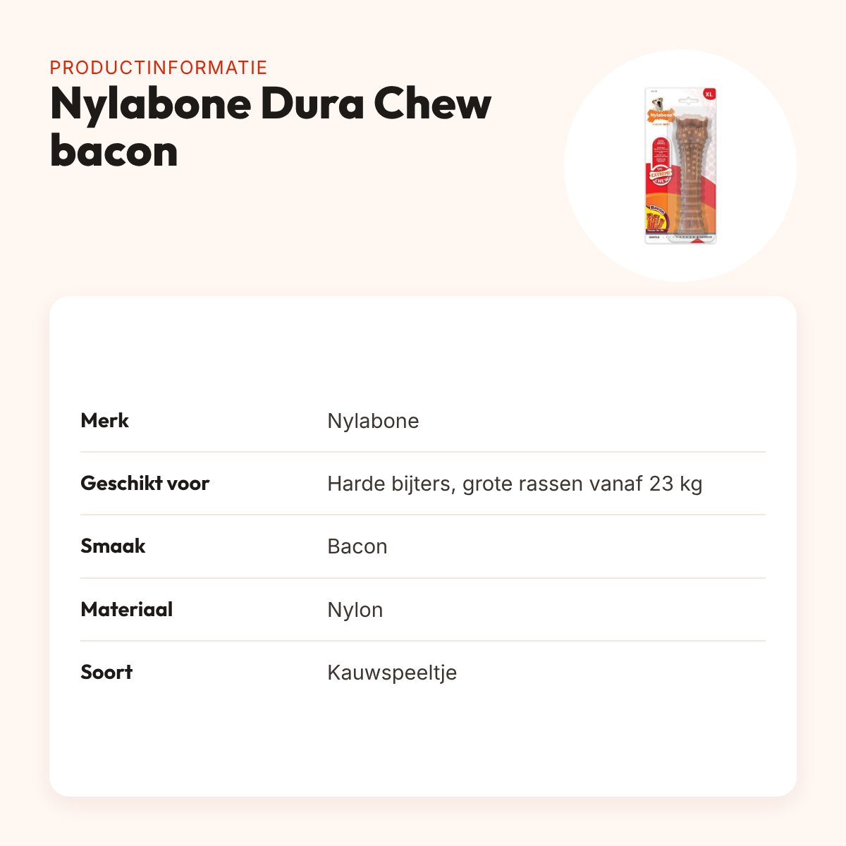 Nylabone Dura Chew kauwspeeltje baconsmaak – harde bijters vanaf 23 kg – productinformatie