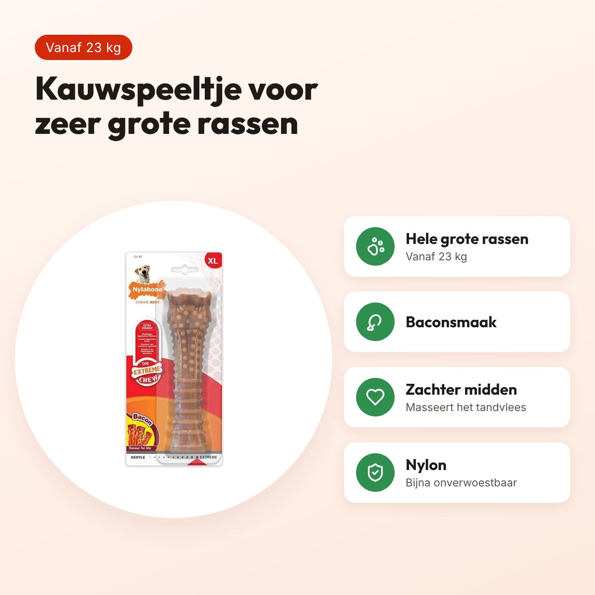 Nylabone Dura Chew kauwspeeltje baconsmaak – harde bijters vanaf 23 kg – voordelen