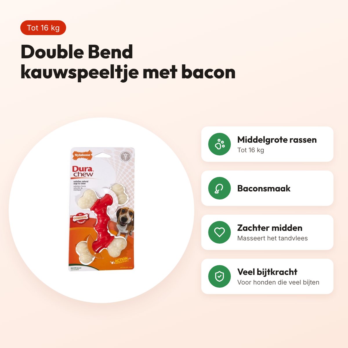 Nylabone Extreme Chew Double Bend kauwspeeltje baconsmaak – tot 16 kg – voordelen