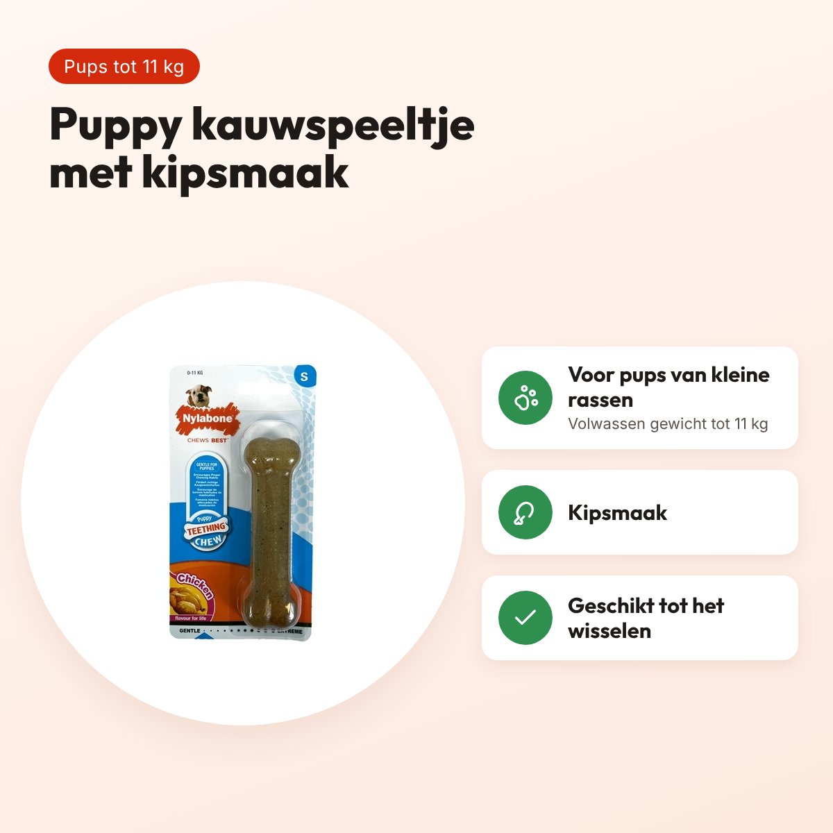 Nylabone Puppy Chew kauwspeeltje kipsmaak – pups tot 11 kg – voordelen