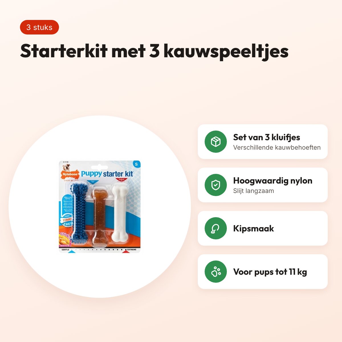 Nylabone Puppy Chew starterkit kipsmaak – 3 kauwspeeltjes, tot 11 kg – voordelen