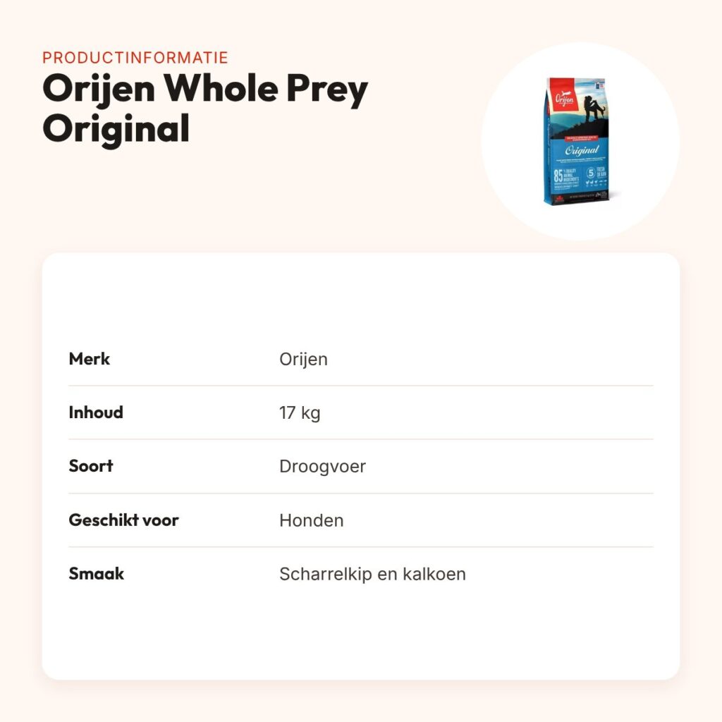 Orijen hondenvoer Whole Prey Original 17 kg – scharrelkip en kalkoen – productinformatie