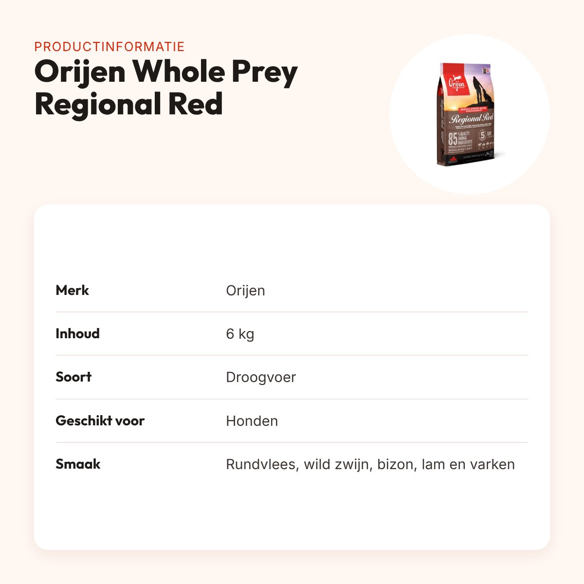 Orijen hondenvoer Whole Prey Regional Red 6 kg – rood vlees – productinformatie