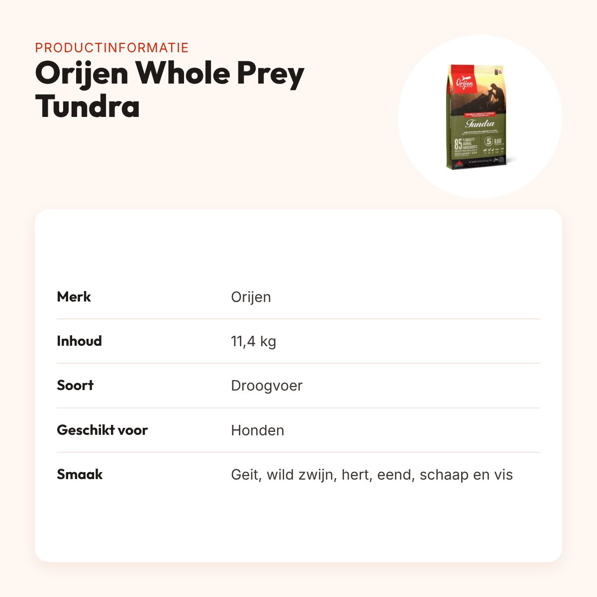 Orijen hondenvoer Whole Prey Tundra 11,4 kg – wild en vis – productinformatie