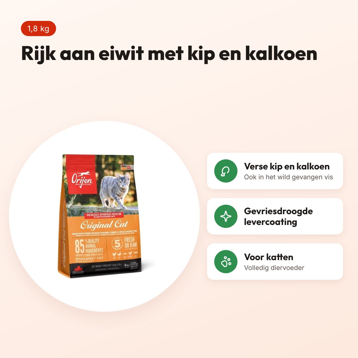 Orijen kattenvoer Original Cat 1,8 kg – verse kip en kalkoen – voordelen