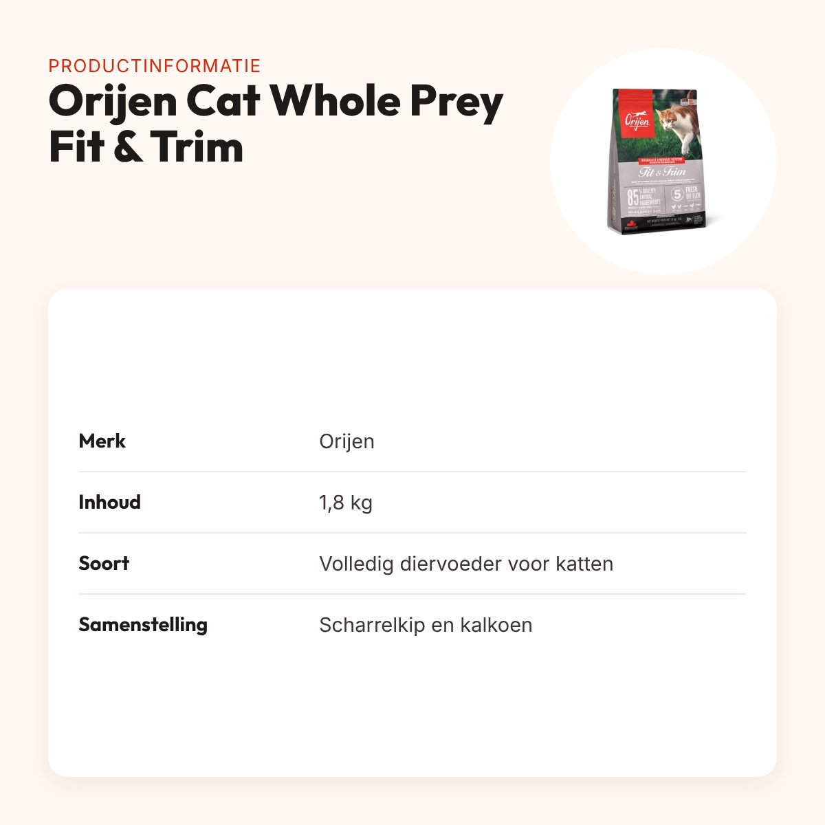 Orijen kattenvoer Whole Prey Fit & Trim 1,8 kg – scharrelkip en kalkoen – productinformatie