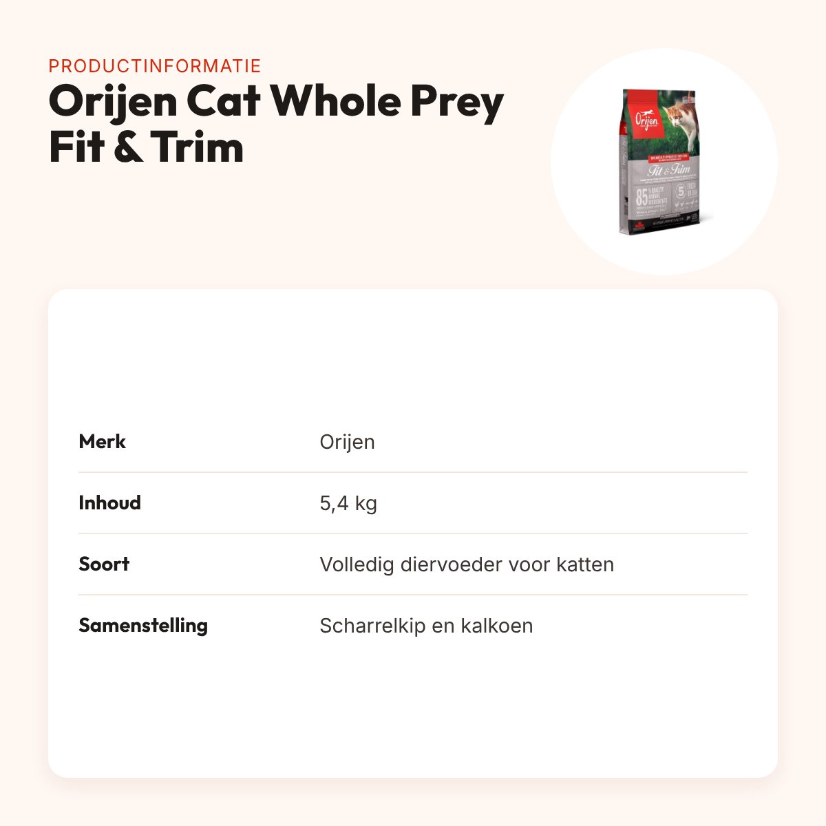 Orijen kattenvoer Whole Prey Fit & Trim 5,4 kg – scharrelkip en kalkoen – productinformatie
