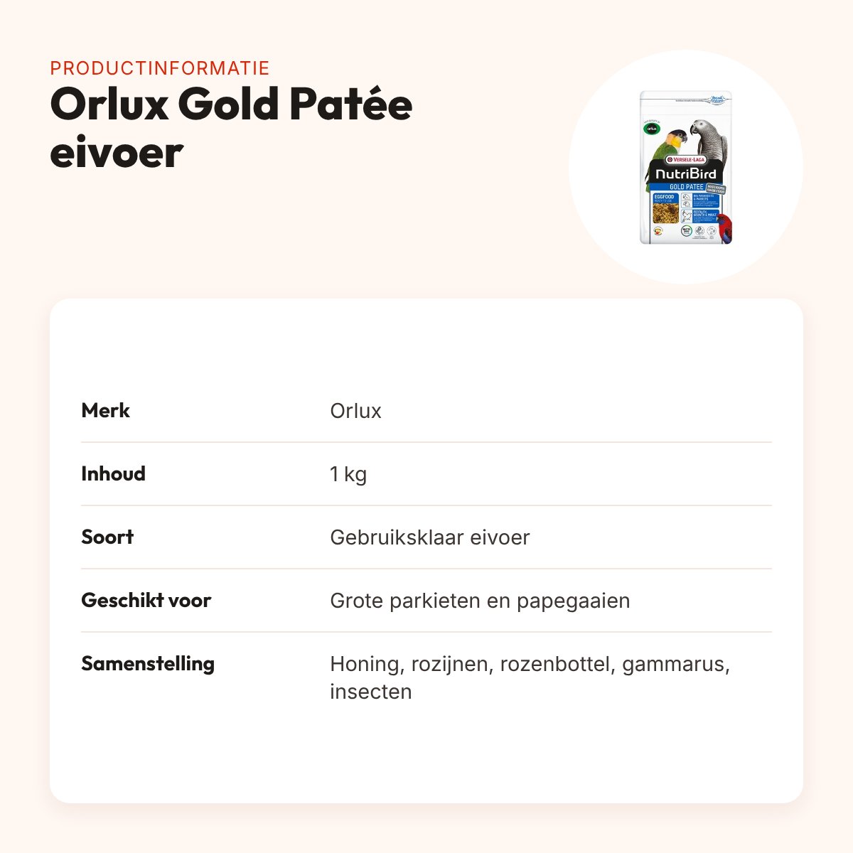 Orlux Gold Patée eivoer grote parkiet en papegaai 1 kg – gebruiksklaar – productinformatie