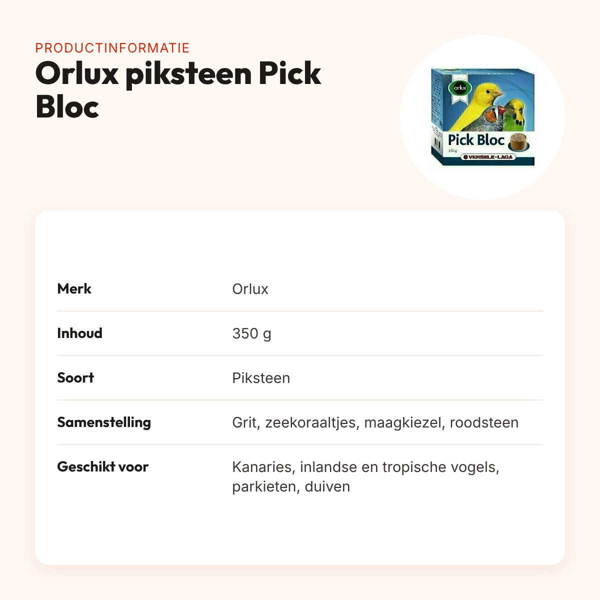 Orlux piksteen Pick Bloc voor vogels 350 g – mineralen – productinformatie