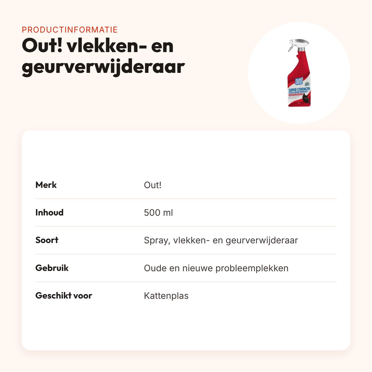 Out! vlekken- en geurverwijderaar 500 ml – spray voor kattenplas – productinformatie