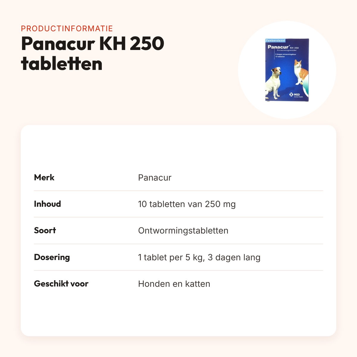 Panacur KH 250 ontwormingstabletten hond en kat 250 mg – 10 tabletten – productinformatie