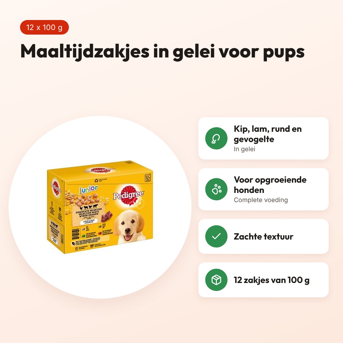 Pedigree Junior hondenvoer maaltijdzakjes in gelei 12 x 100 g – multipack – voordelen