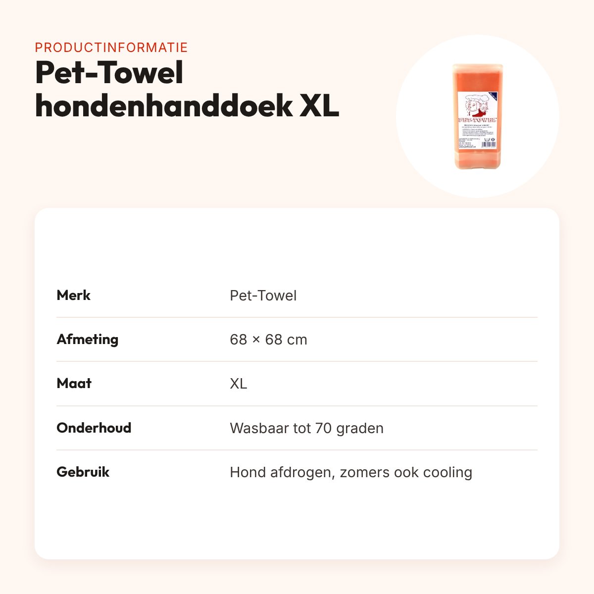 Pet-Towel hondenhanddoek XL 68 x 68 cm – hoge vochtopname – productinformatie