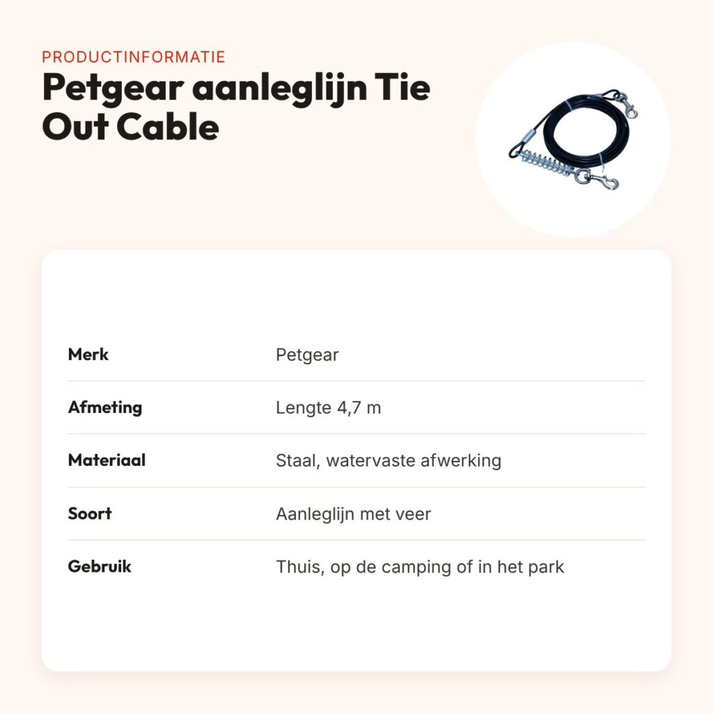 Petgear aanleglijn Tie Out Cable 4,7 m – staal, met schokabsorberende veer – productinformatie