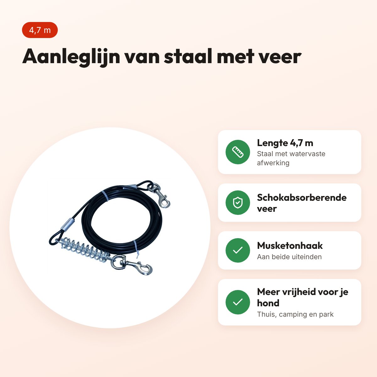Petgear aanleglijn Tie Out Cable 4,7 m – staal, met schokabsorberende veer – voordelen