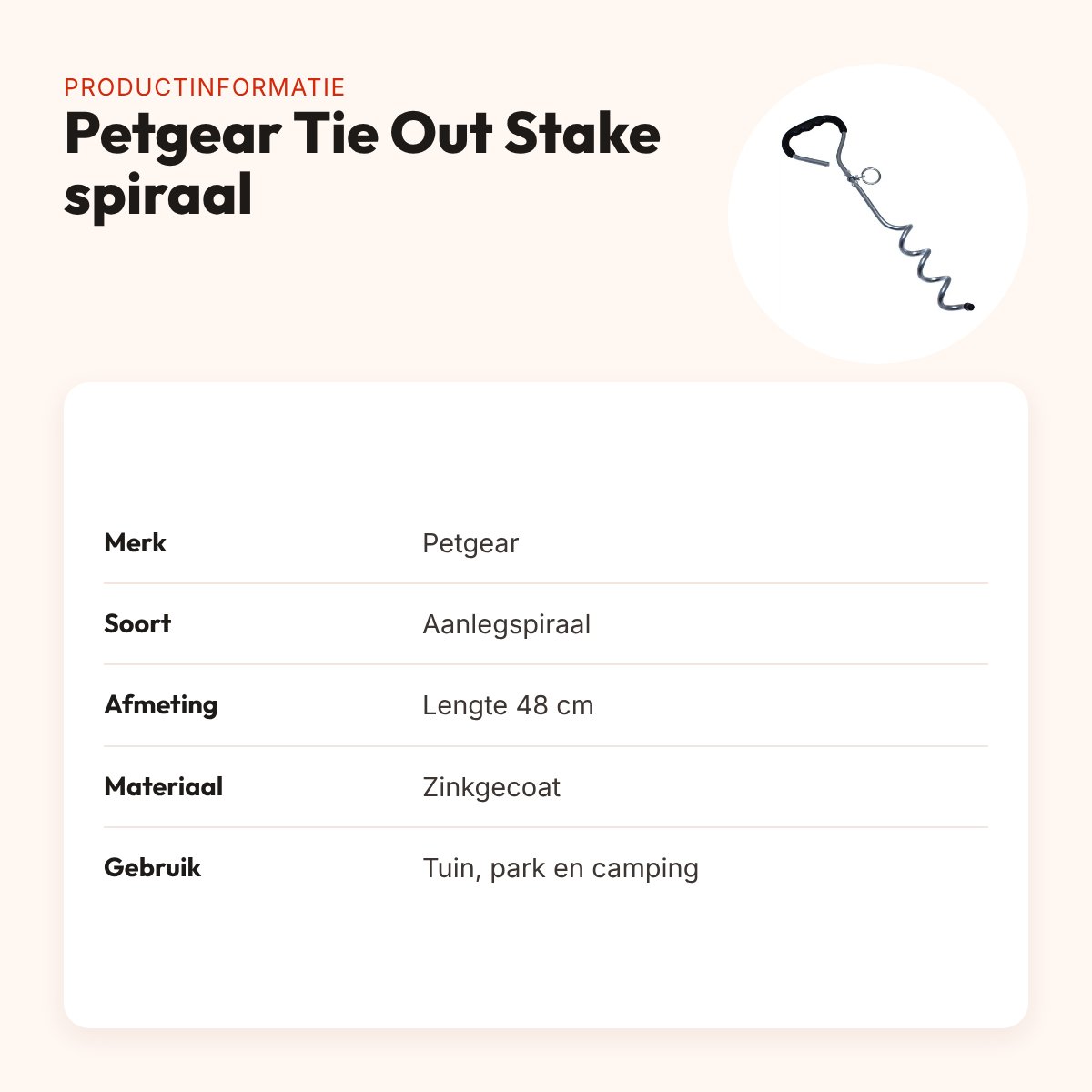 Petgear tie out stake aanlegspiraal 48 cm – zinkgecoat – productinformatie