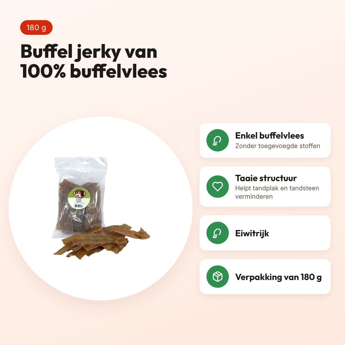 Petsnack buffel jerky 180 g – kauwsnack van 100% buffelvlees – voordelen