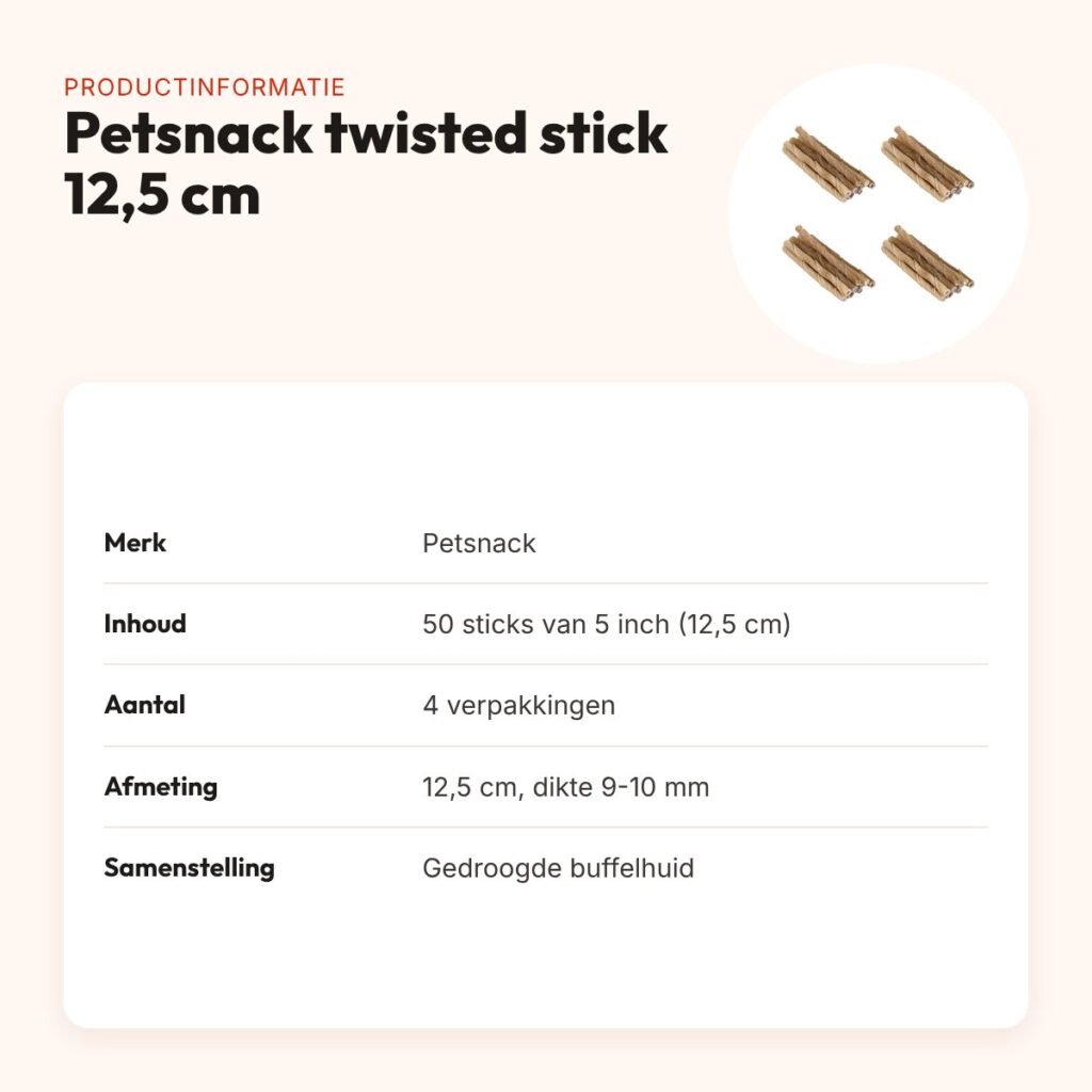 Petsnack buffelhuid twisted stick 12,5 cm – multipack 4 x 50 stuks – productinformatie