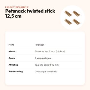 Petsnack buffelhuid twisted stick 12,5 cm – multipack 4 x 50 stuks – productinformatie