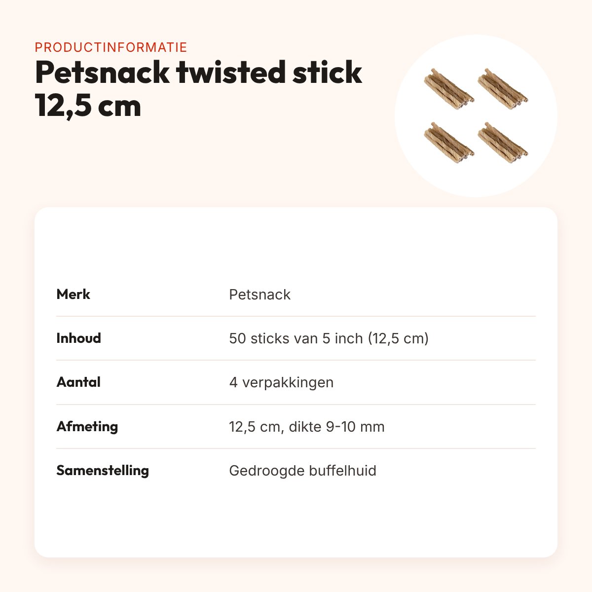 Petsnack buffelhuid twisted stick 12,5 cm – multipack 4 x 50 stuks – productinformatie
