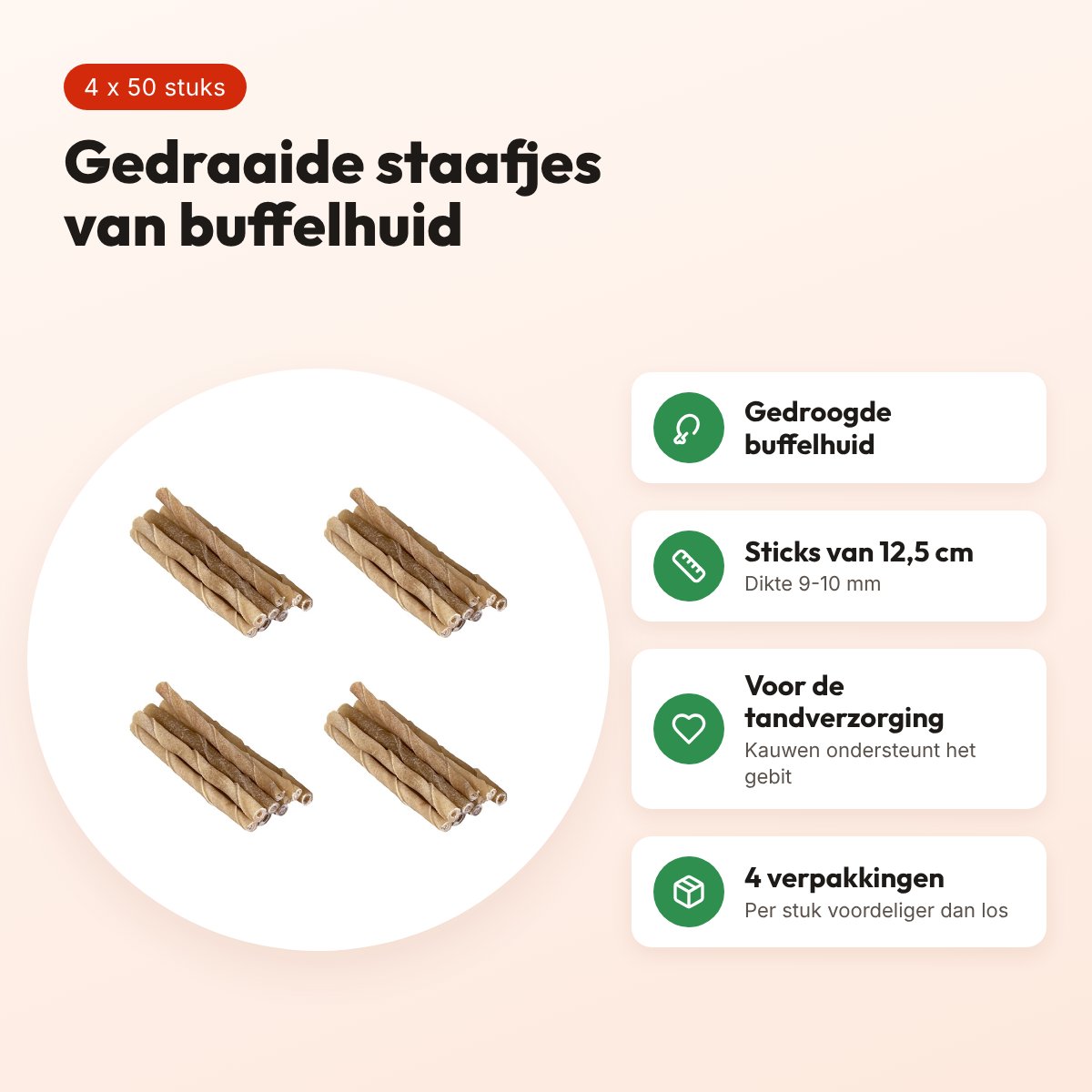 Petsnack buffelhuid twisted stick 12,5 cm – multipack 4 x 50 stuks – voordelen