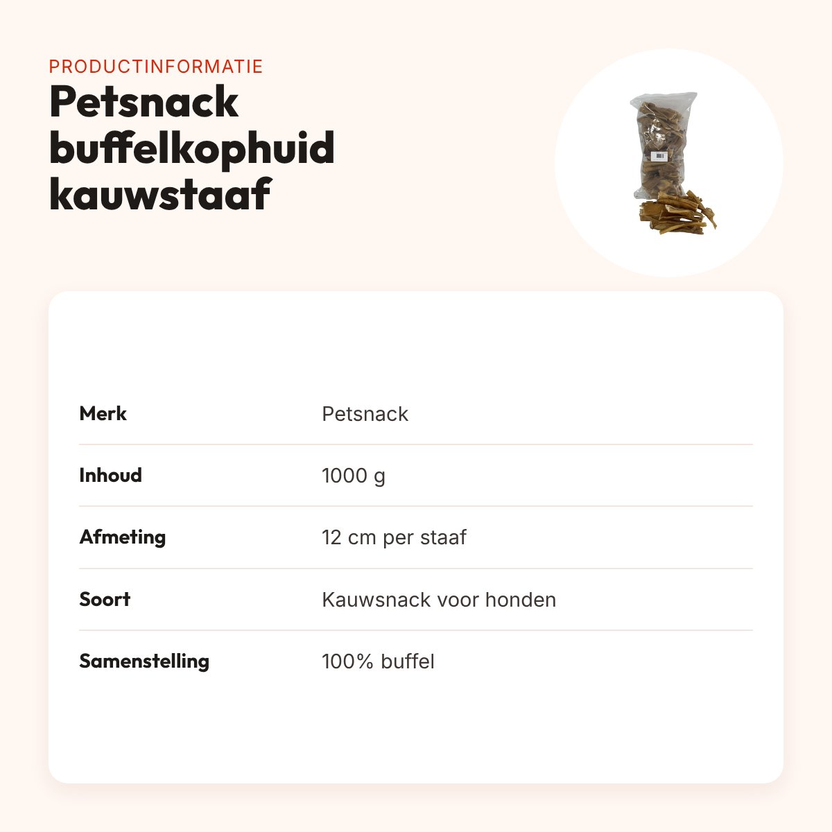 Petsnack buffelkophuid kauwstaaf 12 cm 1000 g – kauwsnack hond – productinformatie