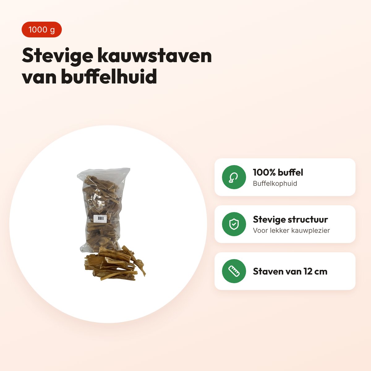 Petsnack buffelkophuid kauwstaaf 12 cm 1000 g – kauwsnack hond – voordelen