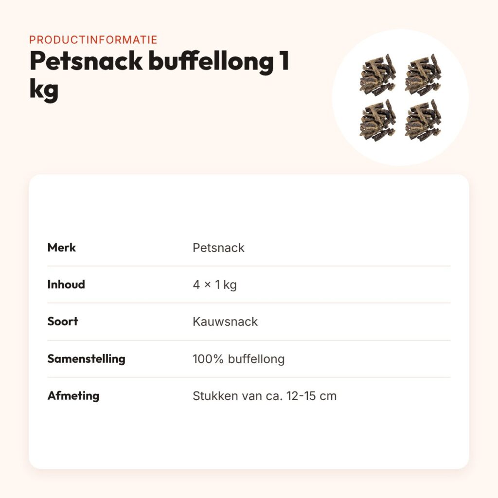 Petsnack buffellong kauwsnack hond 12-15 cm 1 kg – multipack 4 stuks – productinformatie