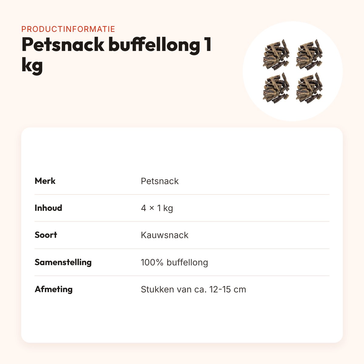 Petsnack buffellong kauwsnack hond 12-15 cm 1 kg – multipack 4 stuks – productinformatie