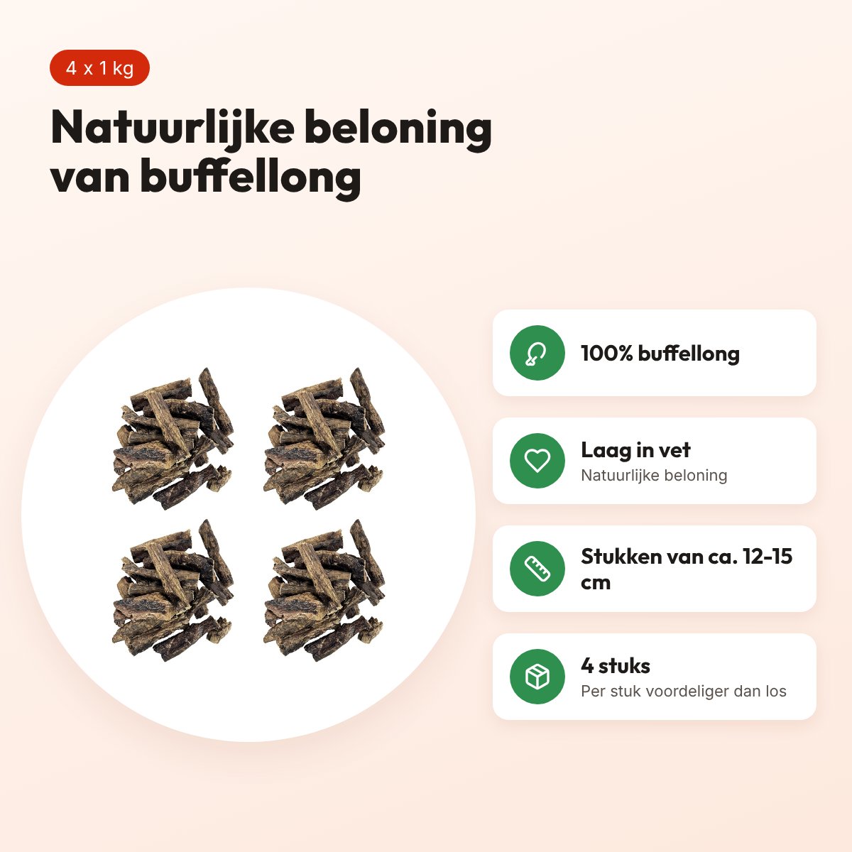 Petsnack buffellong kauwsnack hond 12-15 cm 1 kg – multipack 4 stuks – voordelen