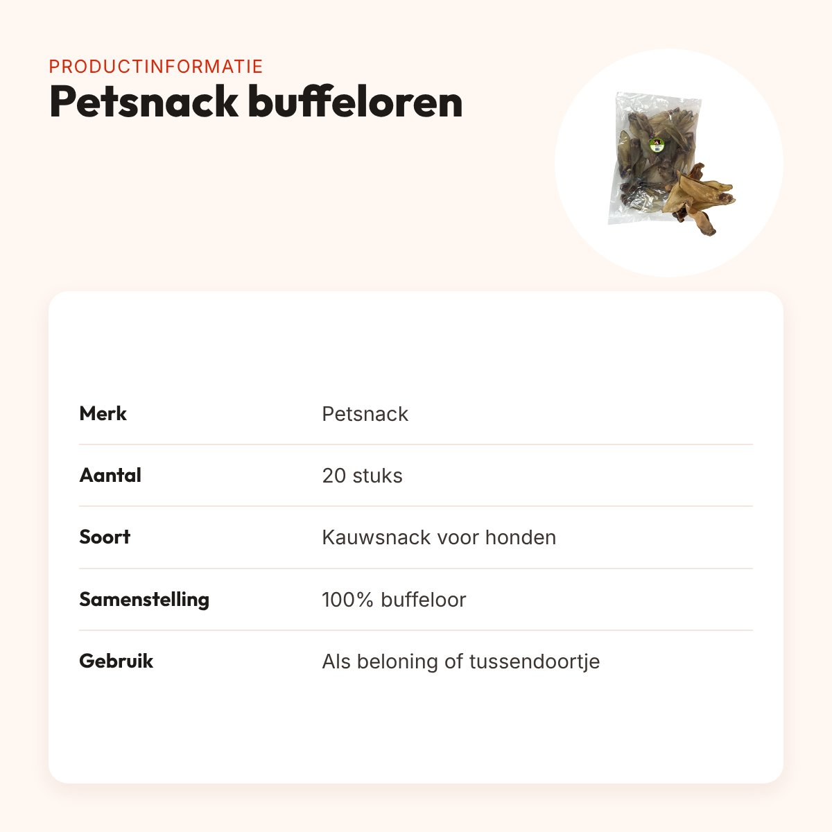 Petsnack buffeloren 20 stuks – kauwsnack van 100% buffeloor – productinformatie