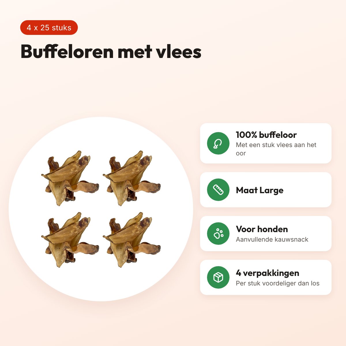 Petsnack buffeloren Large met vlees – kauwsnack – multipack 4 x 25 stuks – voordelen