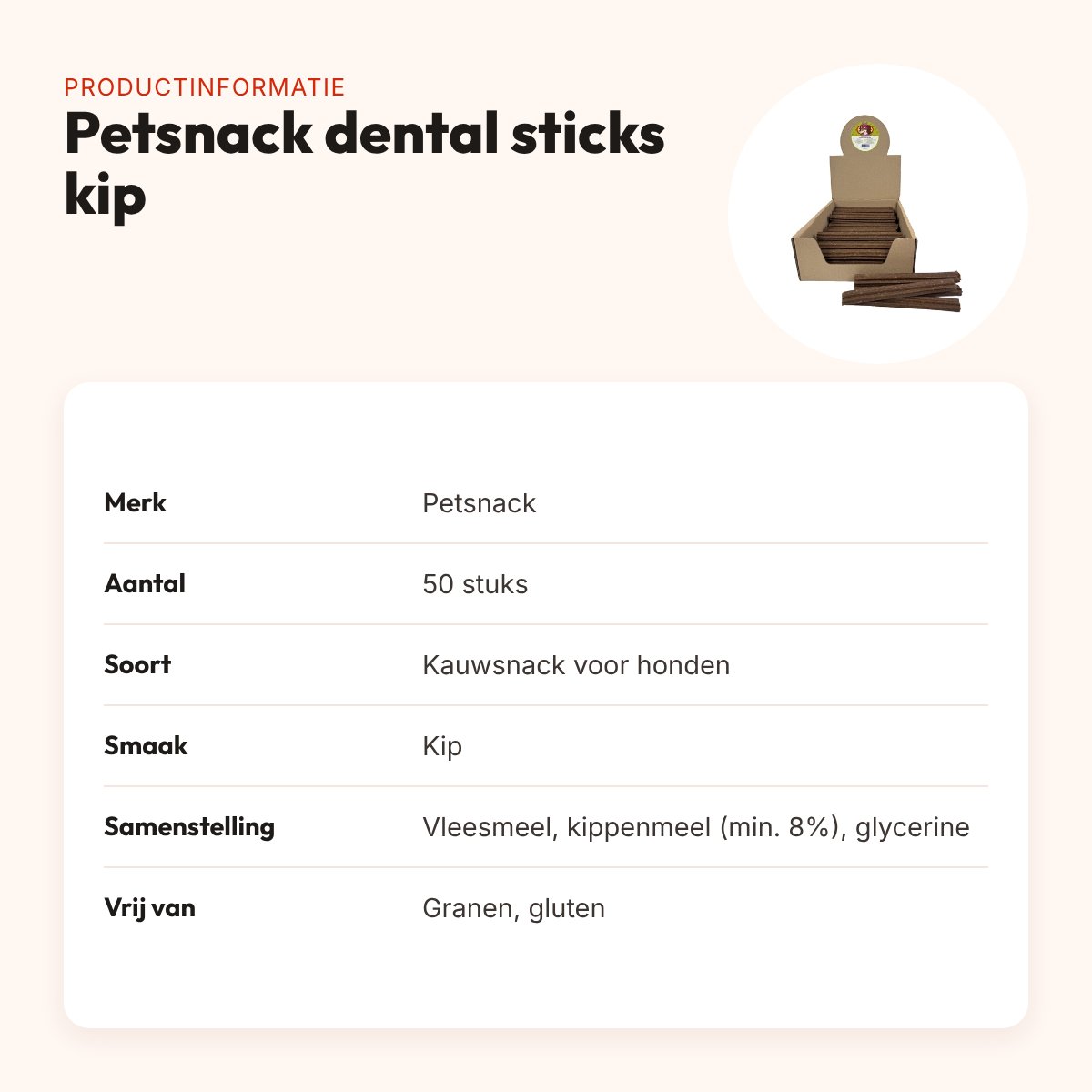 Petsnack dental sticks kip graanvrij/glutenvrij 50 stuks – productinformatie