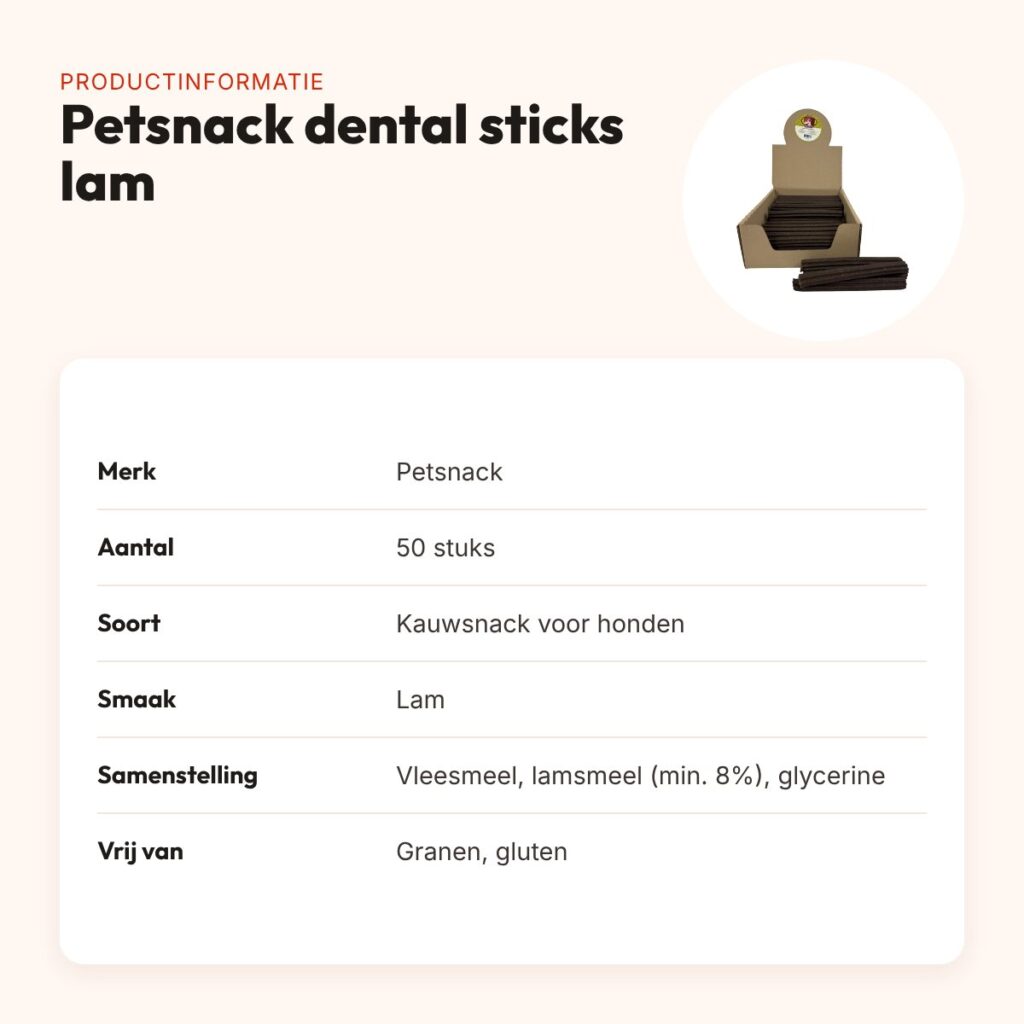 Petsnack dental sticks lam graanvrij/glutenvrij 50 stuks – productinformatie