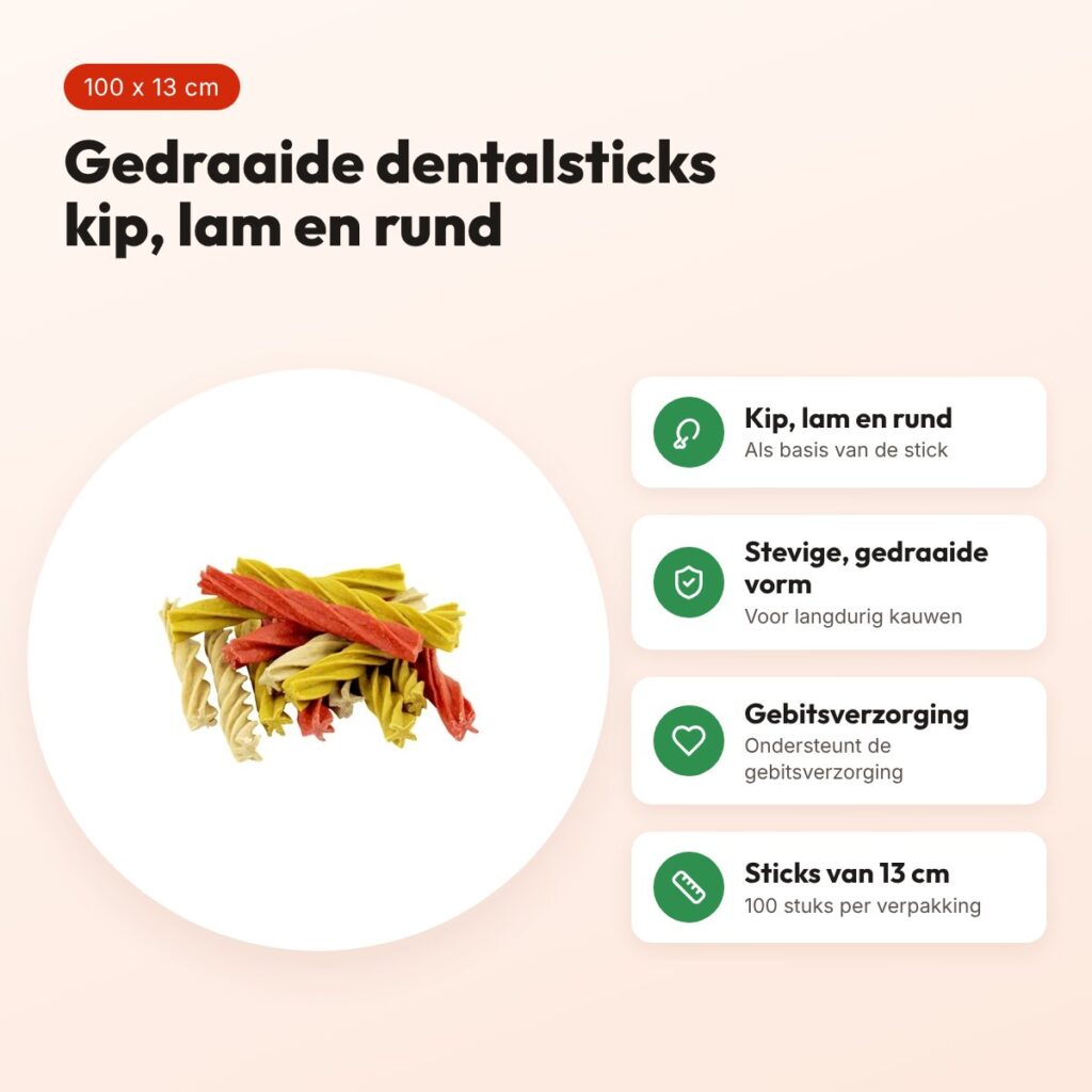 Petsnack dentalstick hond 13 cm 100 stuks – gedraaid, kip, lam en rund – voordelen