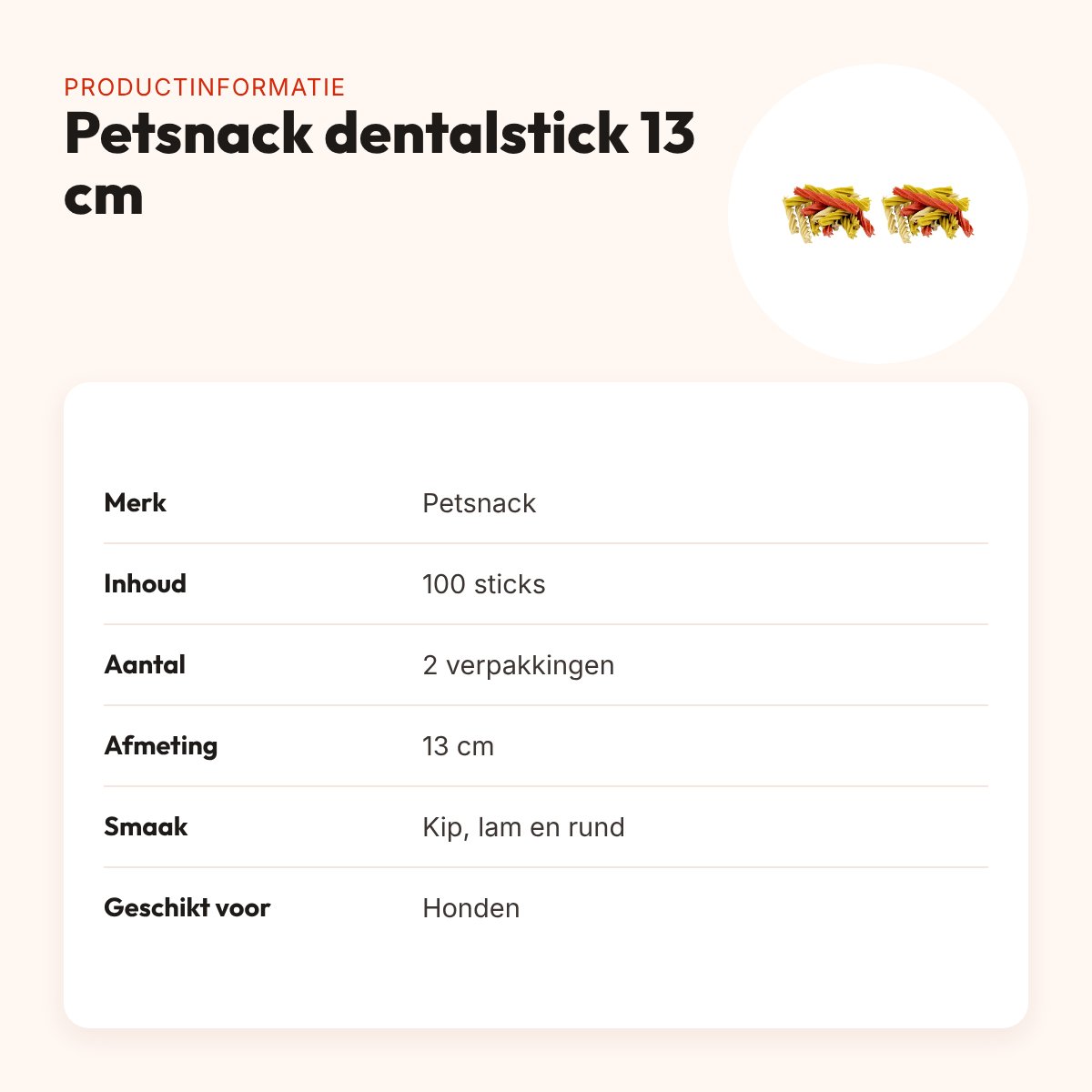 Petsnack dentalstick hond kip, lam en rund 13 cm – multipack 2 x 100 stuks – productinformatie