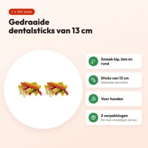 Petsnack dentalstick hond kip, lam en rund 13 cm – multipack 2 x 100 stuks – voordelen