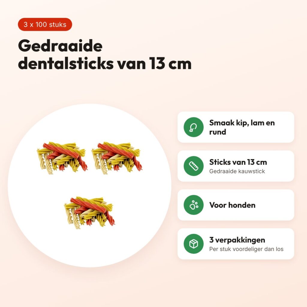 Petsnack dentalstick hond kip, lam en rund 13 cm – multipack 3 x 100 stuks – voordelen