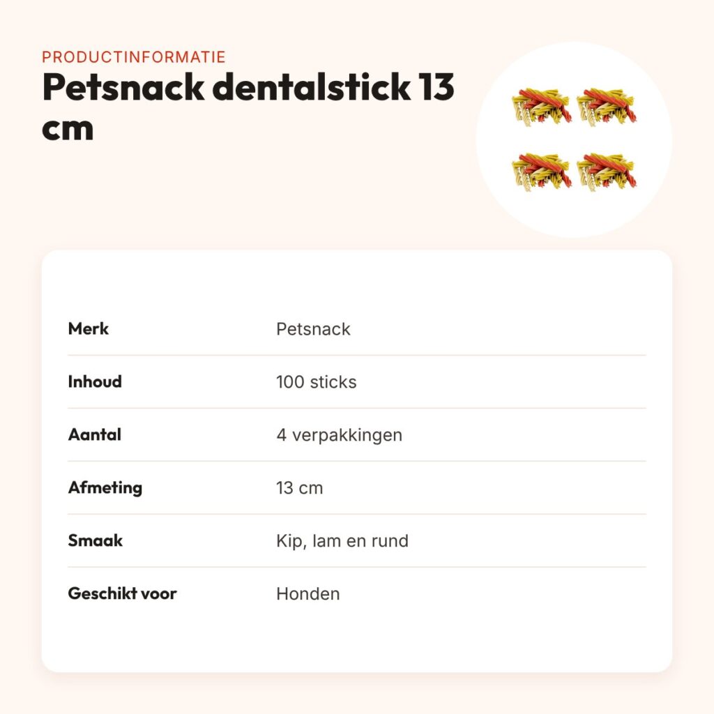Petsnack dentalstick hond kip, lam en rund 13 cm – multipack 4 x 100 stuks – productinformatie