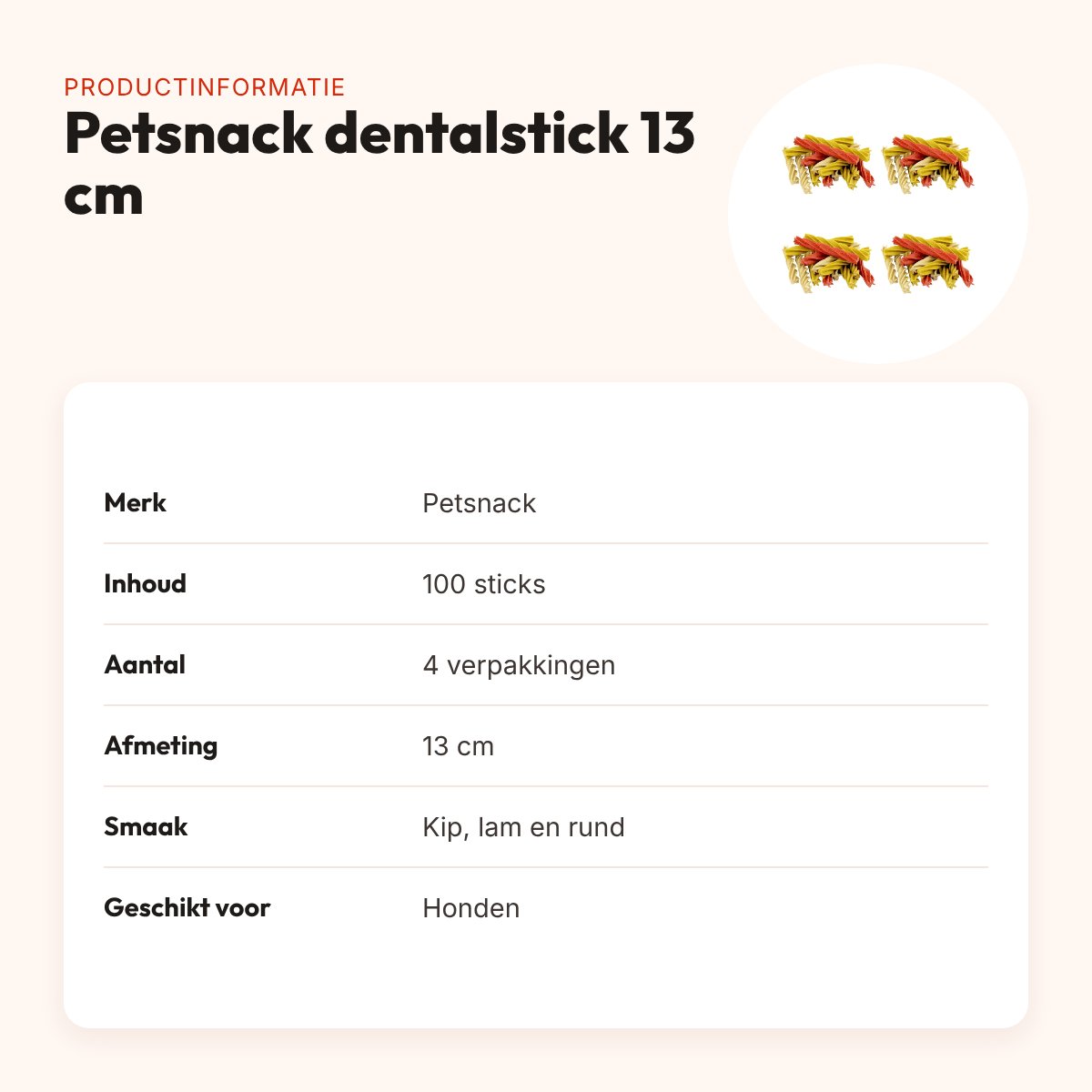 Petsnack dentalstick hond kip, lam en rund 13 cm – multipack 4 x 100 stuks – productinformatie