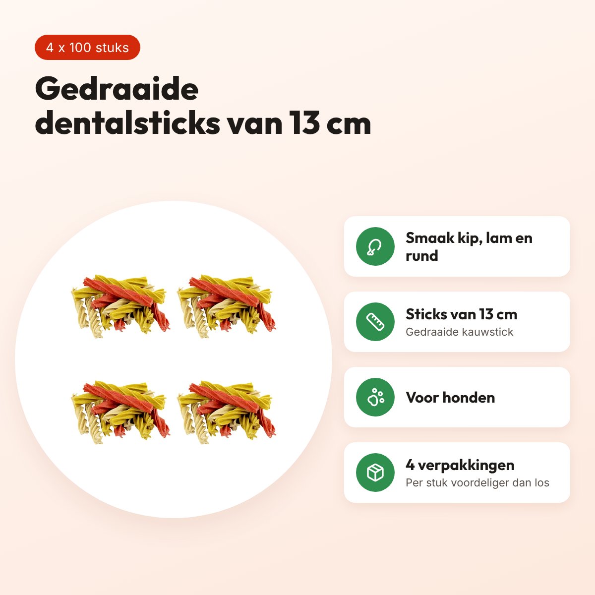 Petsnack dentalstick hond kip, lam en rund 13 cm – multipack 4 x 100 stuks – voordelen