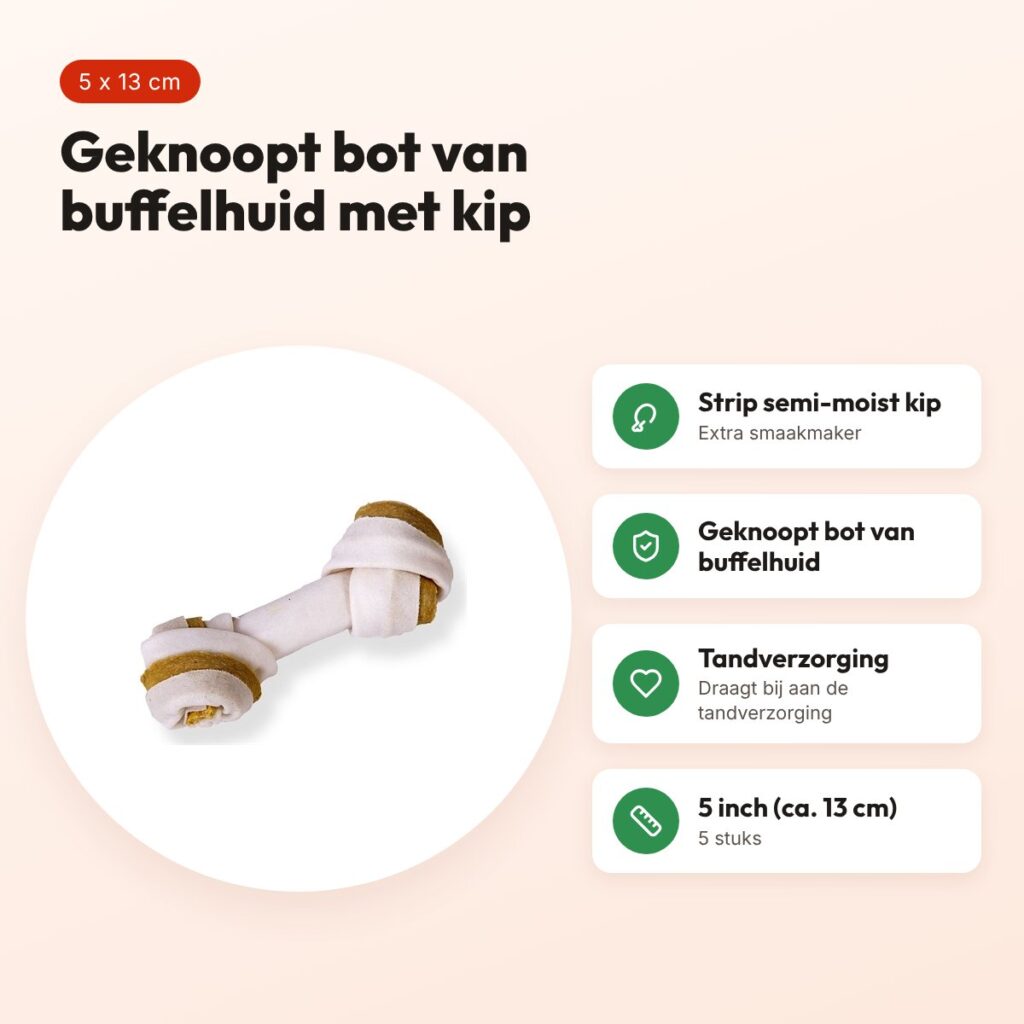Petsnack duoknoop semi-moist kip 5 inch (13 cm) – buffelhuid, 5 stuks – voordelen