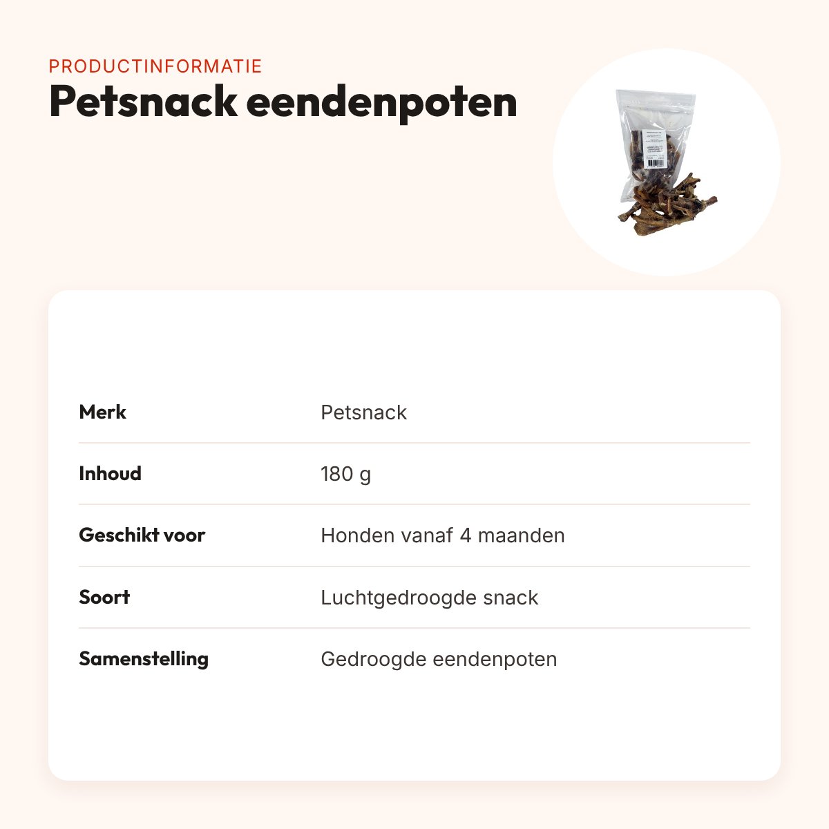 Petsnack eendenpoten 180 g – luchtgedroogde hondensnack – productinformatie