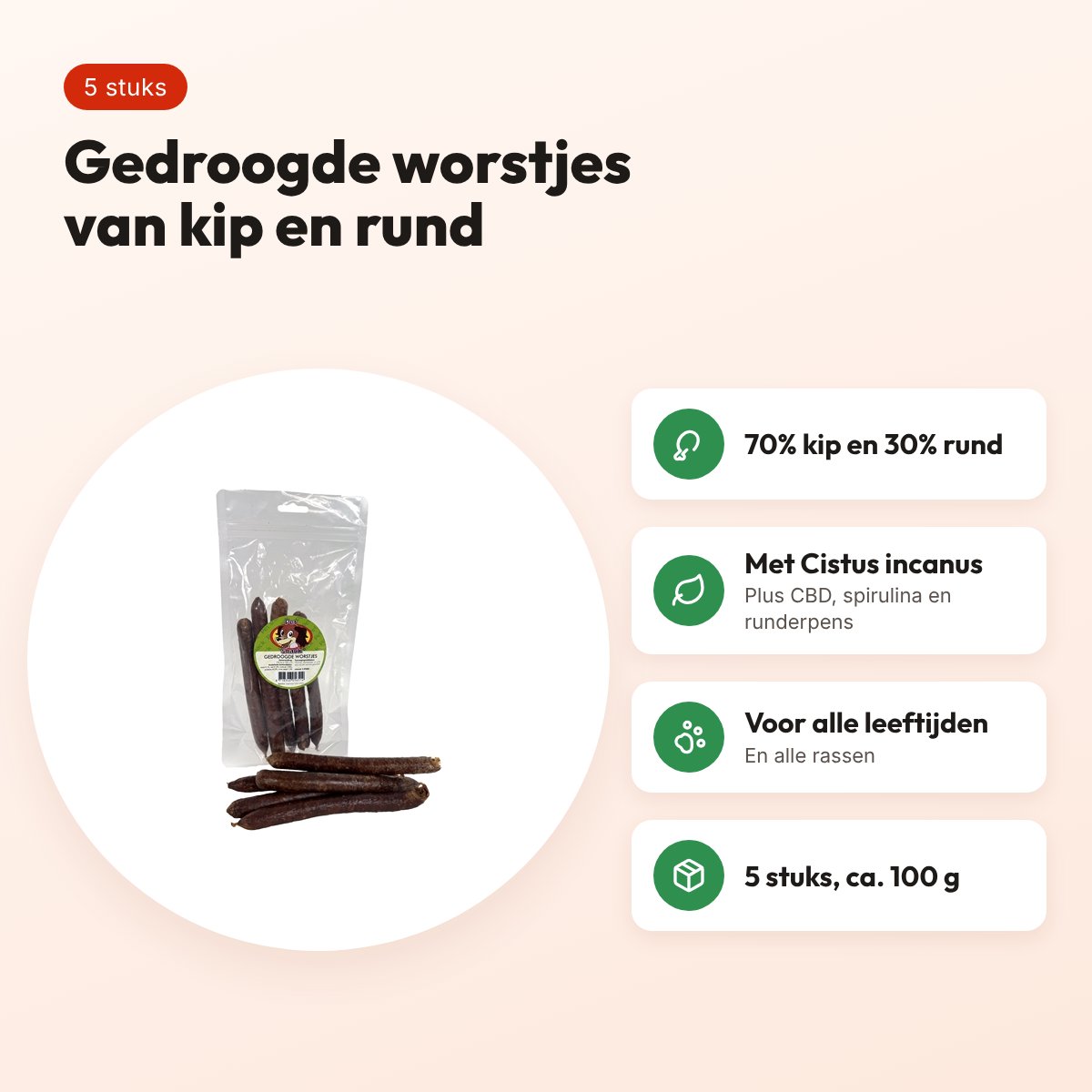 Petsnack gedroogde worstjes 5 stuks – kip en rund, ca. 100 g – voordelen