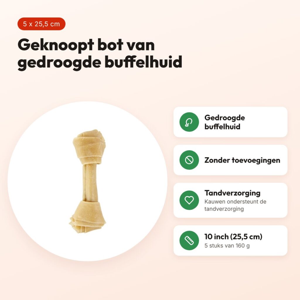Petsnack geknoopt bot 10 inch (25,5 cm) 160 g – buffelhuid, 5 stuks – voordelen