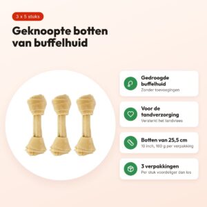 Petsnack geknoopt bot buffelhuid 10 inch 160 g – multipack 3 x 5 stuks – voordelen