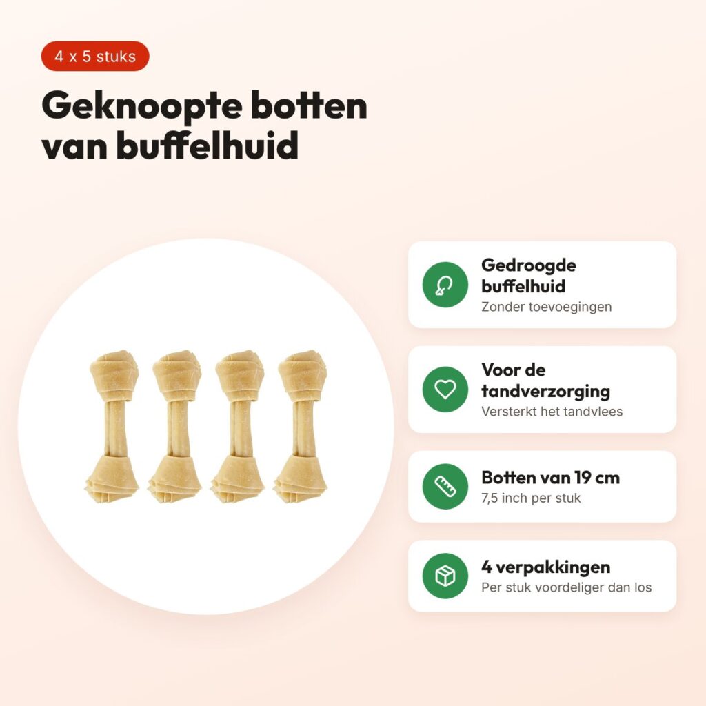 Petsnack geknoopt bot buffelhuid 7,5 inch (19 cm) – multipack 4 x 5 stuks – voordelen