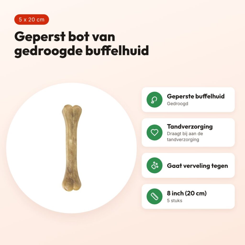 Petsnack geperst bot 8 inch (20 cm) – buffelhuid, 5 stuks – voordelen